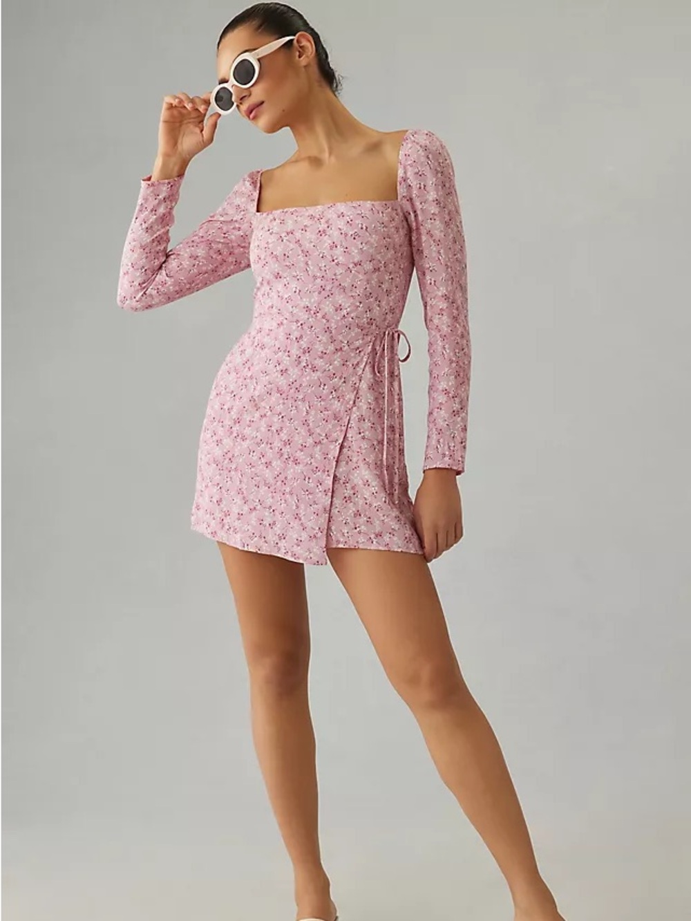 Reformation Rosalie Faux Wrap Mini Dress Pink Floral Print Smocked Sz 0 USA Made